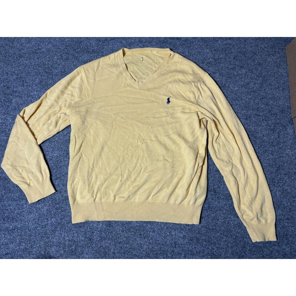 Polo Ralph Lauren Sweater Mens L Yellow V-Neck Lightweight Knit Pullover Logo
